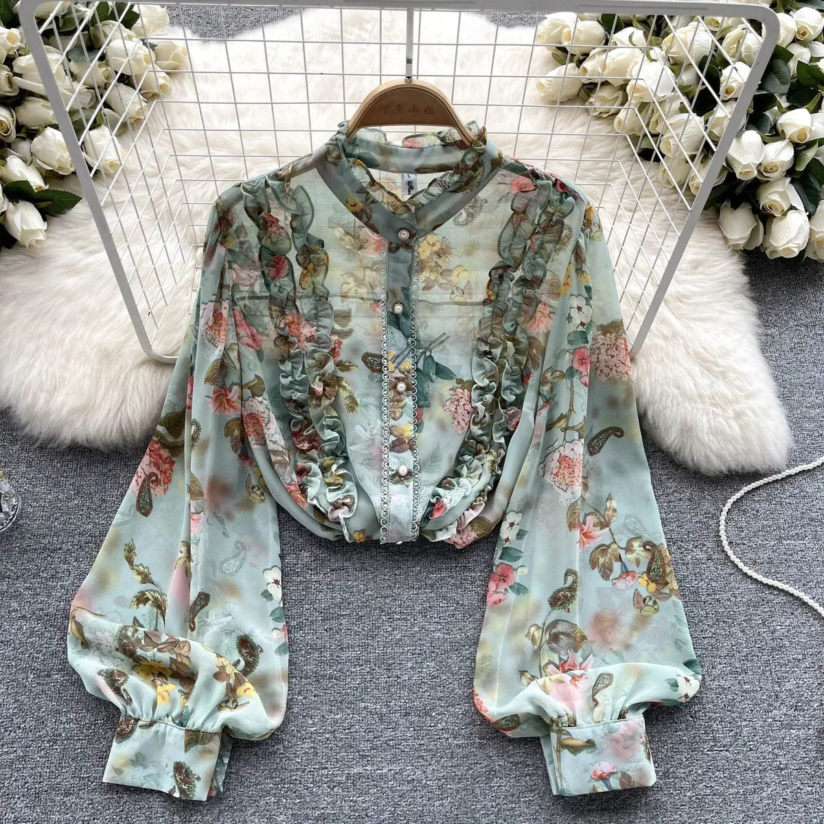 Women Ruffles Lace Floral Print Retro Elegant Button Shirts Summer Fashion Sweet Chic Stand Collar Long Sleeve Blouse Loose Tops