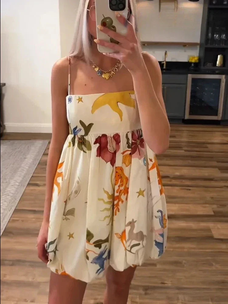 ZBZA Women's Suspender Print Dress Straight Neckline Spaghetti Straight Straps Zip Beach Mini Skirt Summer New Female Chic Dress