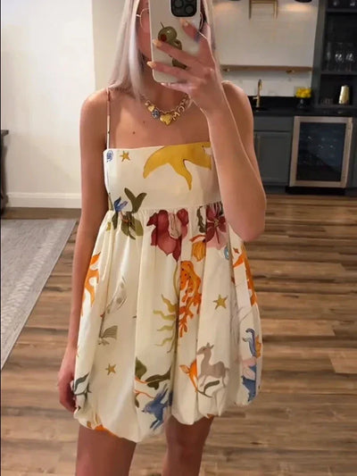 ZBZA Women's Suspender Print Dress Straight Neckline Spaghetti Straight Straps Zip Beach Mini Skirt Summer New Female Chic Dress