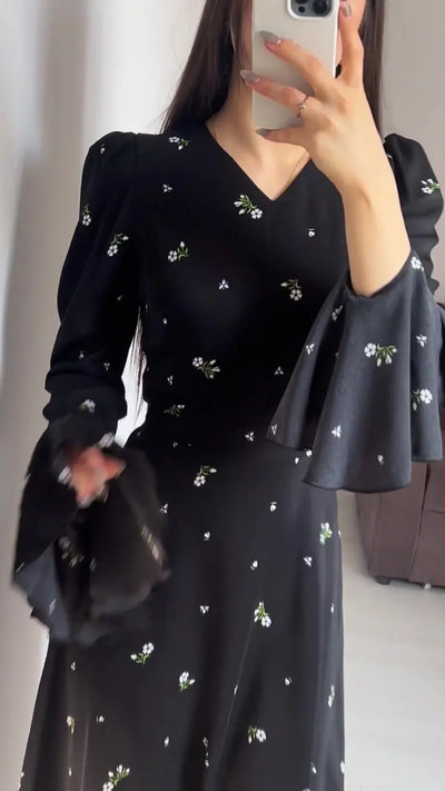 Elegant Dresses for Women Spring Summer New Printing Lotus Leaf Sleeve V Neck Dress Fashionable Slim Fit Women's Evening Dress