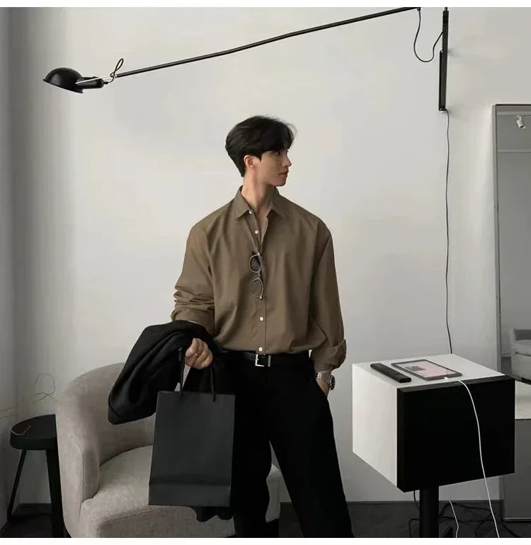 Oversized Casual Jacket Trendy Loose Shirt Men's Long-Sleeved Shirt Spring and Summer Brown TOP
