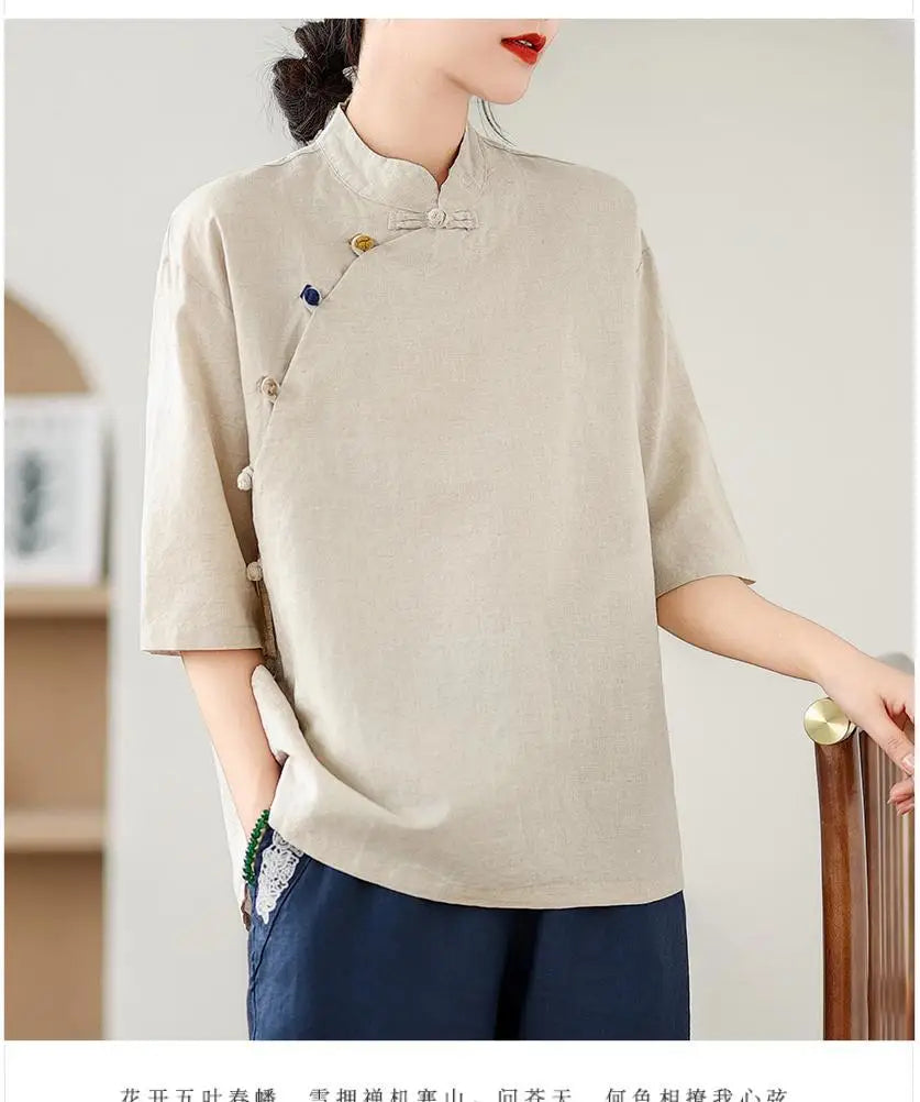 New Women's Retro Cotton Linen Short-sleeved Shirt with Diagonal Placket and Stand-up Collar Tea Top