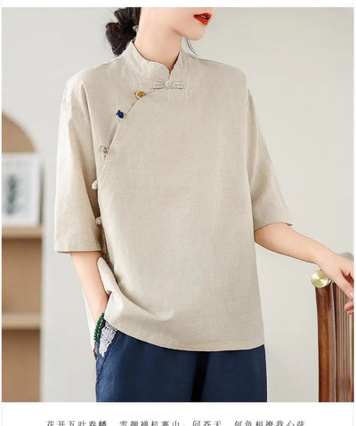 New Women's Retro Cotton Linen Short-sleeved Shirt with Diagonal Placket and Stand-up Collar Tea Top