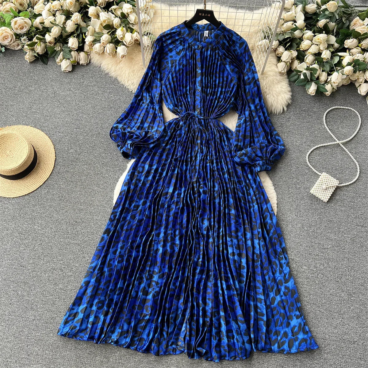 Retro Print Elegant Pleated Lantern Long Sleeve O Neck Single Breasted Dress A-line  Casual High Waist Women Summer Dresses