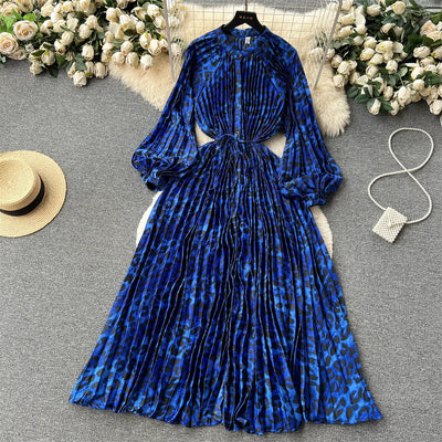 Retro Print Elegant Pleated Lantern Long Sleeve O Neck Single Breasted Dress A-line  Casual High Waist Women Summer Dresses
