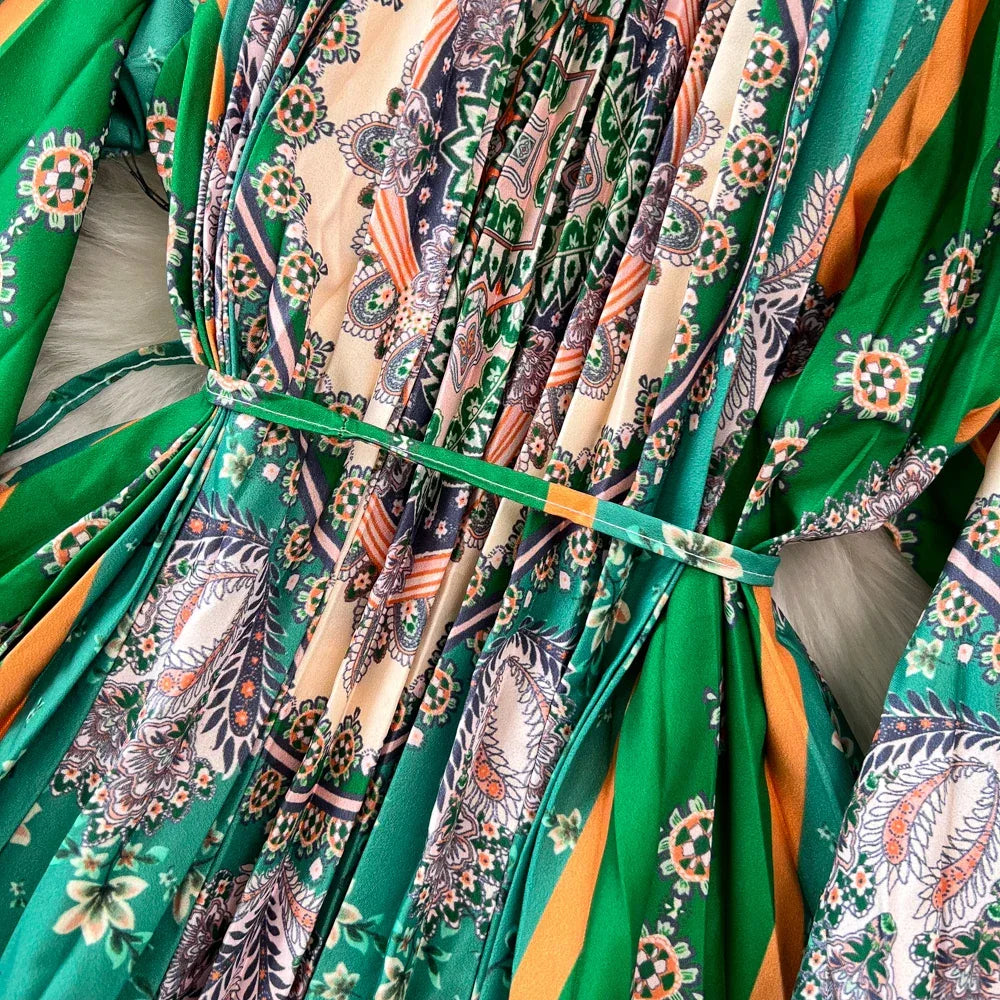 Retro Elegant Sashes O Neck Single Breasted Print Dresses Long Lantern Sleeves A-line Casual High Waist Women Autumn Clothing