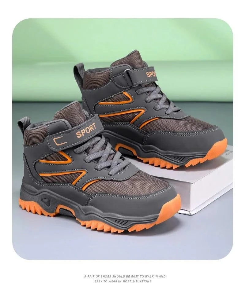 New Boys' Sports Shoes Non-slip School Children's Leather Breathable Running Black Fashion Hiking Shoes Sneaker Size 29-40
