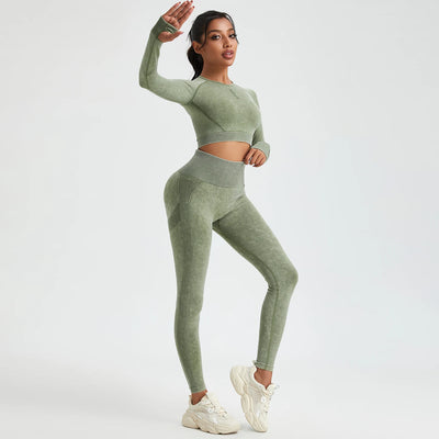 Women's Long Sleeves Round Neck Wash Exercise Activewear Sport Tops Skinny Stretch Activewear Running Wear