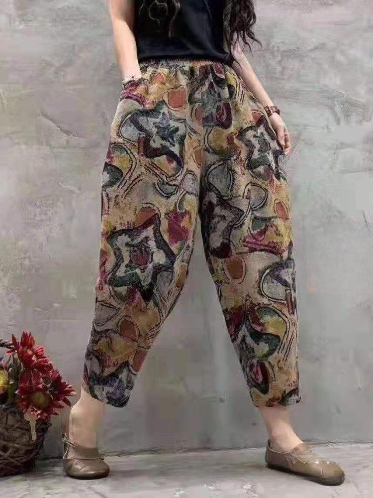 Fashion Printed Cotton Linen Harem Pants for Women 2025 Summer Casual High Waist Calf-Length Loose Trousers Female Streetwear