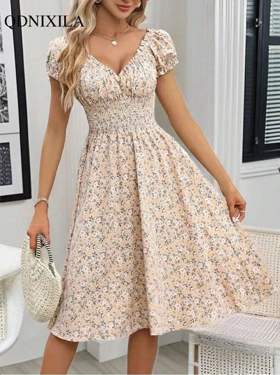 Summer Women Floral Print Dress V-neck Puff