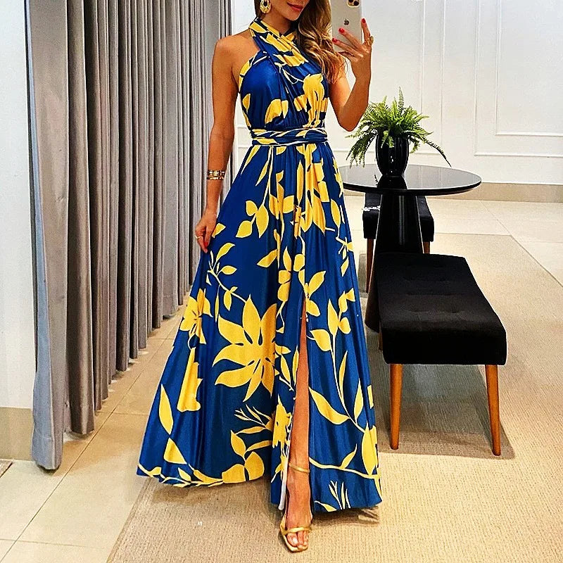 Women's Dress New Summer Printing Boho Robe Hanging Neck High Waist Split Sexy Dress Long Dresses Woman Clothing Party Dresses
