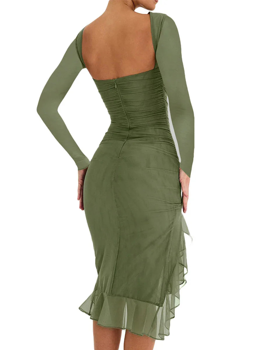 Women Midi Dress Long Sleeve Irregular Mesh Ruffles Mermaid Dress Sexy Backless Party Cocktail Dress