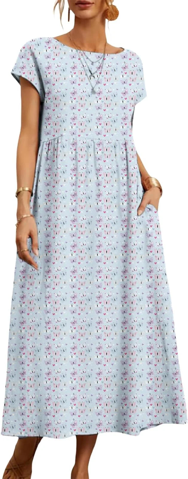 Women's Summer Dresses, Short Sleeves, Midi Casual Dresses with Pockets, Flowy T-Shirt Dresses, Floral Resort Beach Vest Dresses