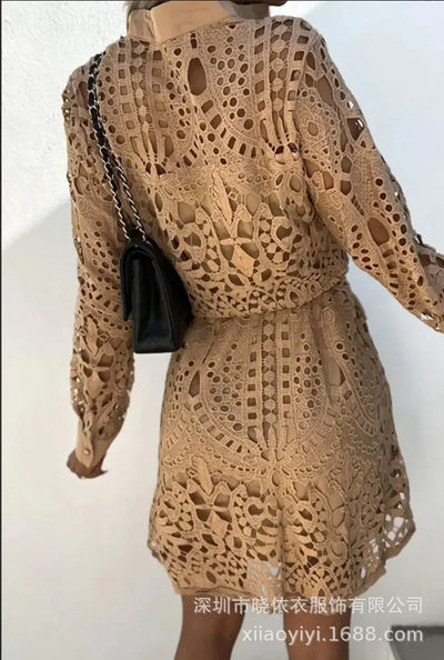 Elegant Shirt Dress Women Sexy Hollow Out Lace Dresses Spring Autumn Button Lace-up Office Lady Mini Dress Female