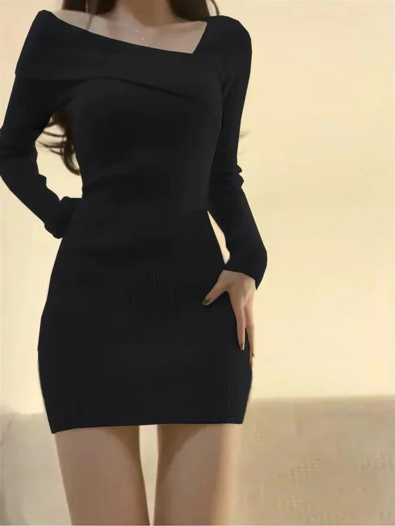 Knitted Dress Women Autumn Winter Long Sleeved Sexy Off Shoulder Stretch Sweater Solid Elegant Skinny Chic Korean Lady Dress