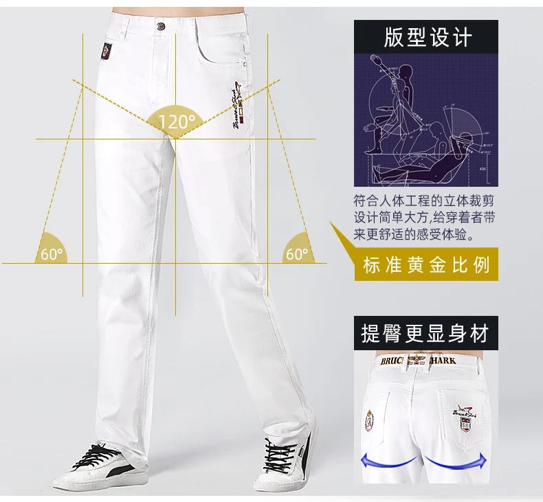 2024 New Summer White Jeans for Men Bruce&Shark  Designer Luxury Men's Jeans Loose Fit Stretch Cotton Casual Fashion Big Size 42