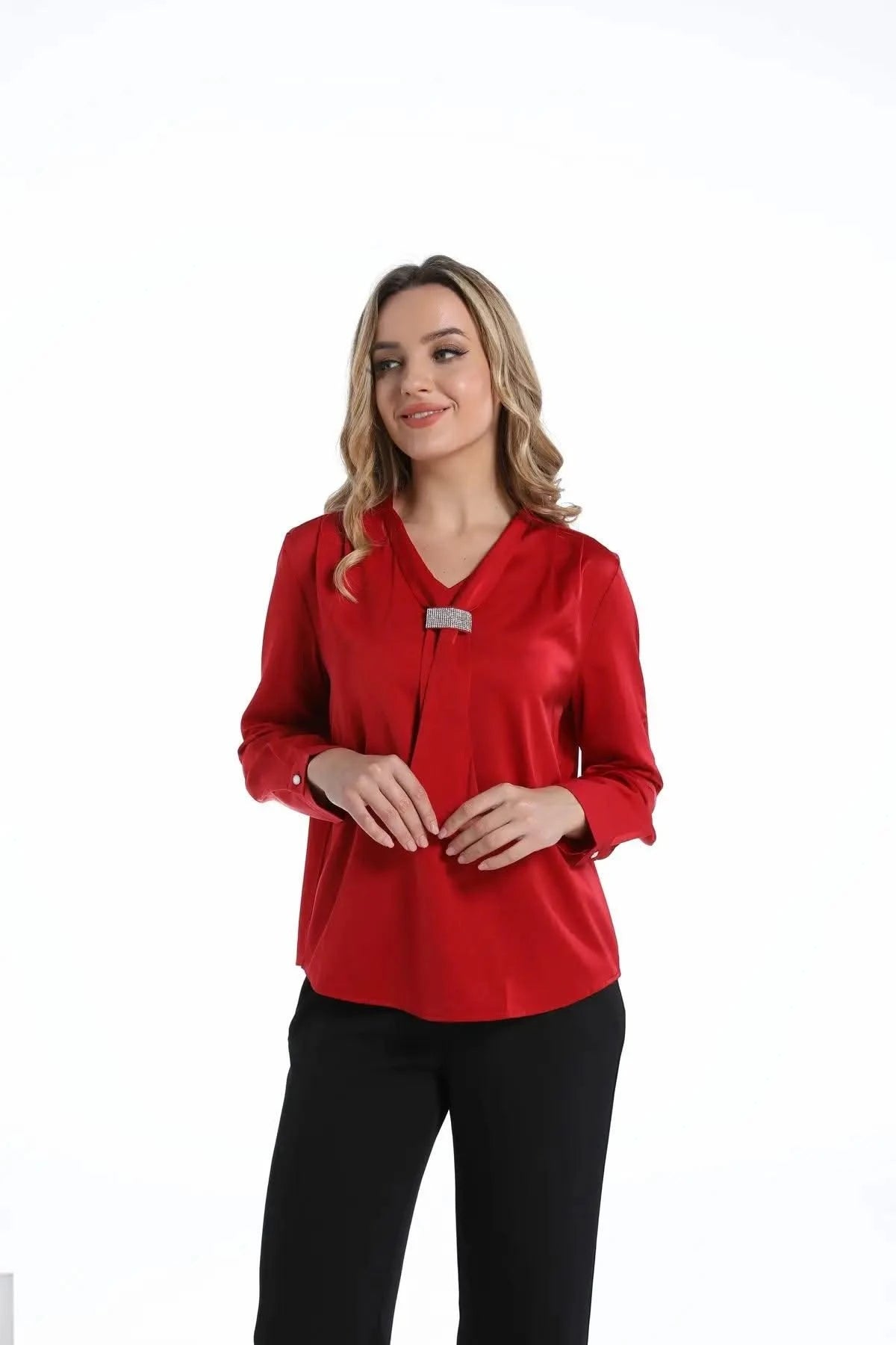 Red Women Blouse Ribbon Women Shirt Luxury Woman Top