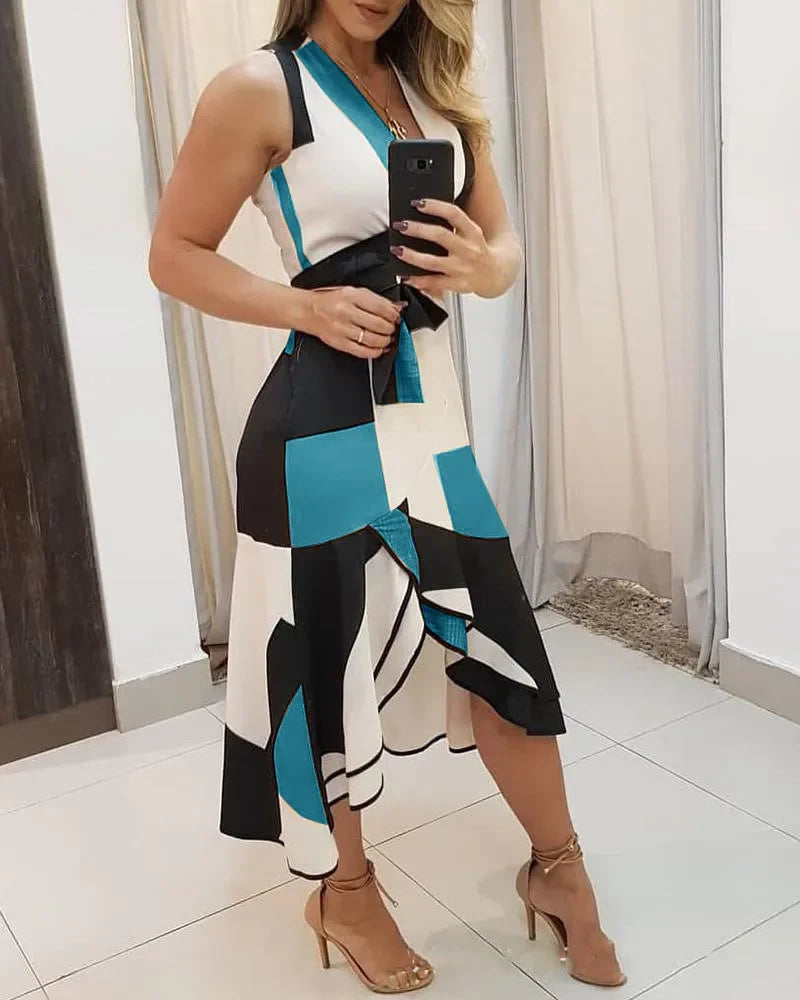Women's Midi Dress Plus Size Sexy Summer V Neck Empire Belt Tunic 2023 Fashion Geometry Print Irregular Office Ladies Dresses
