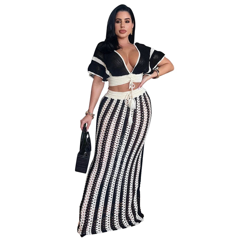 Summer 2 Pieces Women Vacation Outfits Striped Knitted Dress Sets Hollow Out Long Skirts and Short Sleeve V-Neck Crop Tops Set
