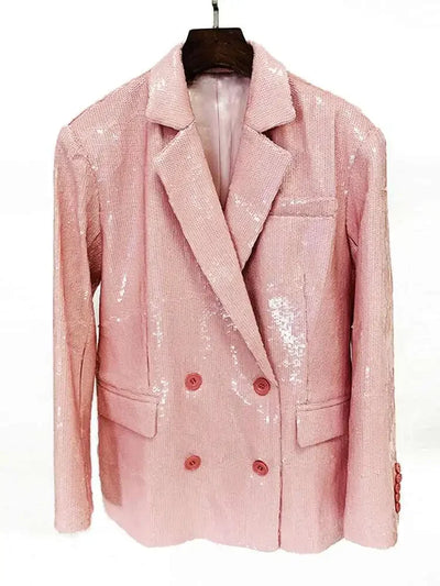 DEAT Fashion Women's Blazer Notched Collar Double Breasted Sequins Full Sleeves Pink Suit Jackets Autumn 2025 New Tide 7AB643