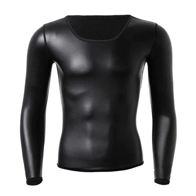 Men Long Sleeve Leather Shirt Tops Slim Underwear Body Shapers Waist Trainer Corsets Tummy Shapewear Leather Shirts Stand Collar