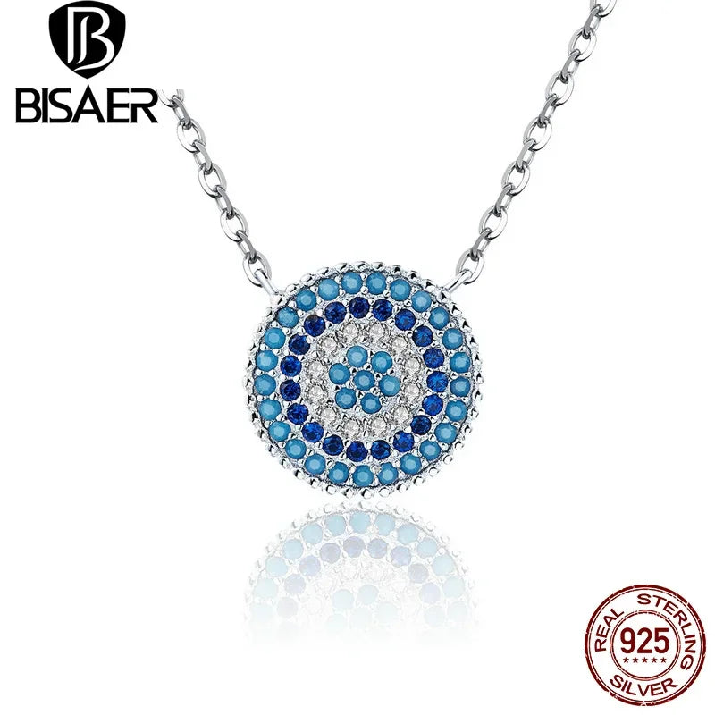 BISAER 925 Sterling Silver Round Blue Zircon Necklace Plated Platinum For Women Lucky Pendant Luxury Necklaces Fine Jewelry Gift