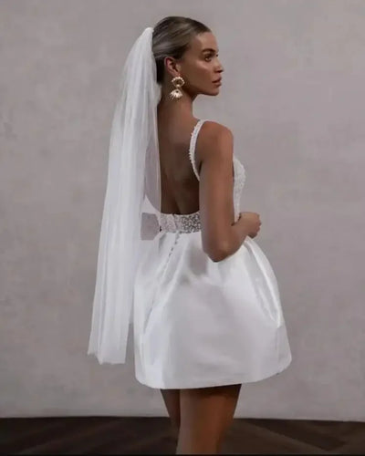 Simple Sequined Beaded Wedding Dress Mini Short Sexy Sleeveless Backless Modern Women Bridal Gown