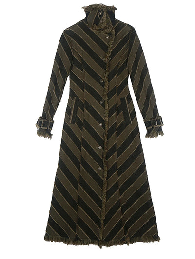 [Vibe] Women Blue Striped Burr Denim Long Trench New Turtleneck Long Sleeve Windbreaker Fashion Tide Spring Autumn 2025