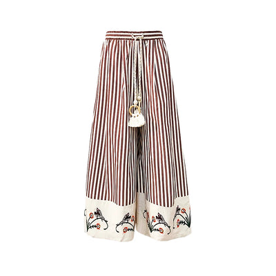 TIYIHAILEY Wide Leg Long Pants For Women Cotton Trousers Elastic Waist Casual Striped Embroidery Ladies 2025 New Fashion