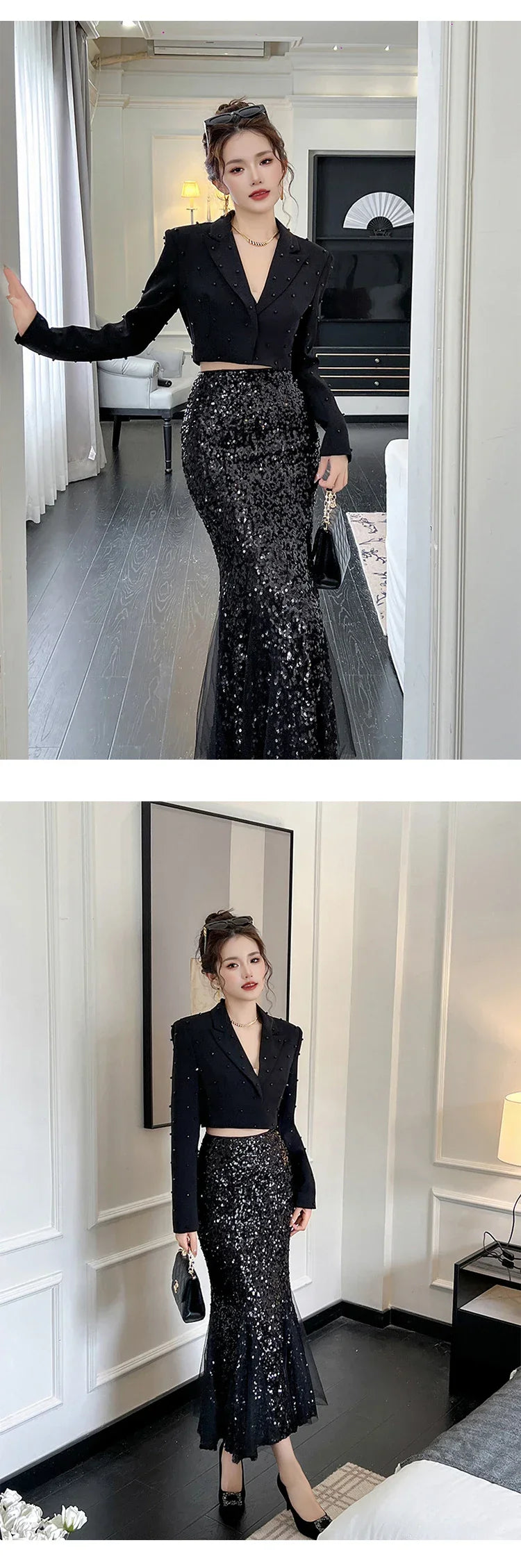 Fashion Chic Women's Blazer Office Lady Bright Black Long Sleeve Short Casual Party Coat Ladies Outerwear Stylish Cropped Tops
