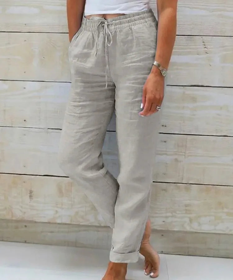 2025 Women's New Cotton And Linen Trousers Women's High Waist Elastic Casual Trousers Fashionable Street Breathable Loose Pants