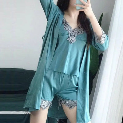 5-piece Loungewear Set Silky Satin Lace Patchwork Women's Pajamas Set with Top Shorts Pants Loose Lace-up Waist Homewear