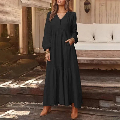 Women's Dress 2025 Spring and Summer Women's Button Cotton and Linen Retro Casual Long Sleeve Dress Large Hem Long Skirt