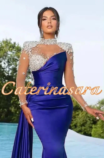 Luxury High Neck Evening Dresses For Women Mermaid Women 2024 Sheer Long Sleeves Wedding Party Prom Gowns  vestidos de noche