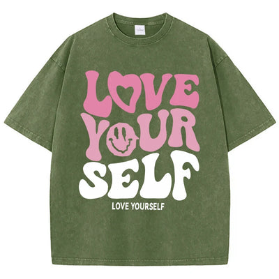 Women'S Cotton Washed T-Shirts Trend Distressed Loose Tees Love Your Self Letter Printing Short Sleeve Summer Female Clothes