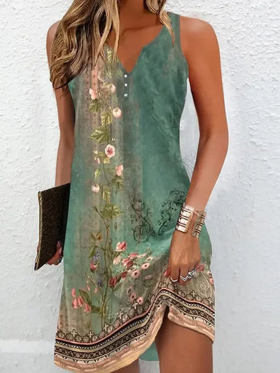 2025 Bohemian Midi Dress For Women Summer Fashion Print V-neck Sleeveless A-line Dresses Casual Elegant Ladies Plus Size Vestido