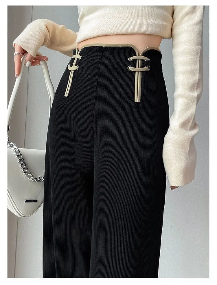 Women's Wide-leg Pants Autumn Winter Trousers New Chinese Style Folding High Waist Drooping Casual