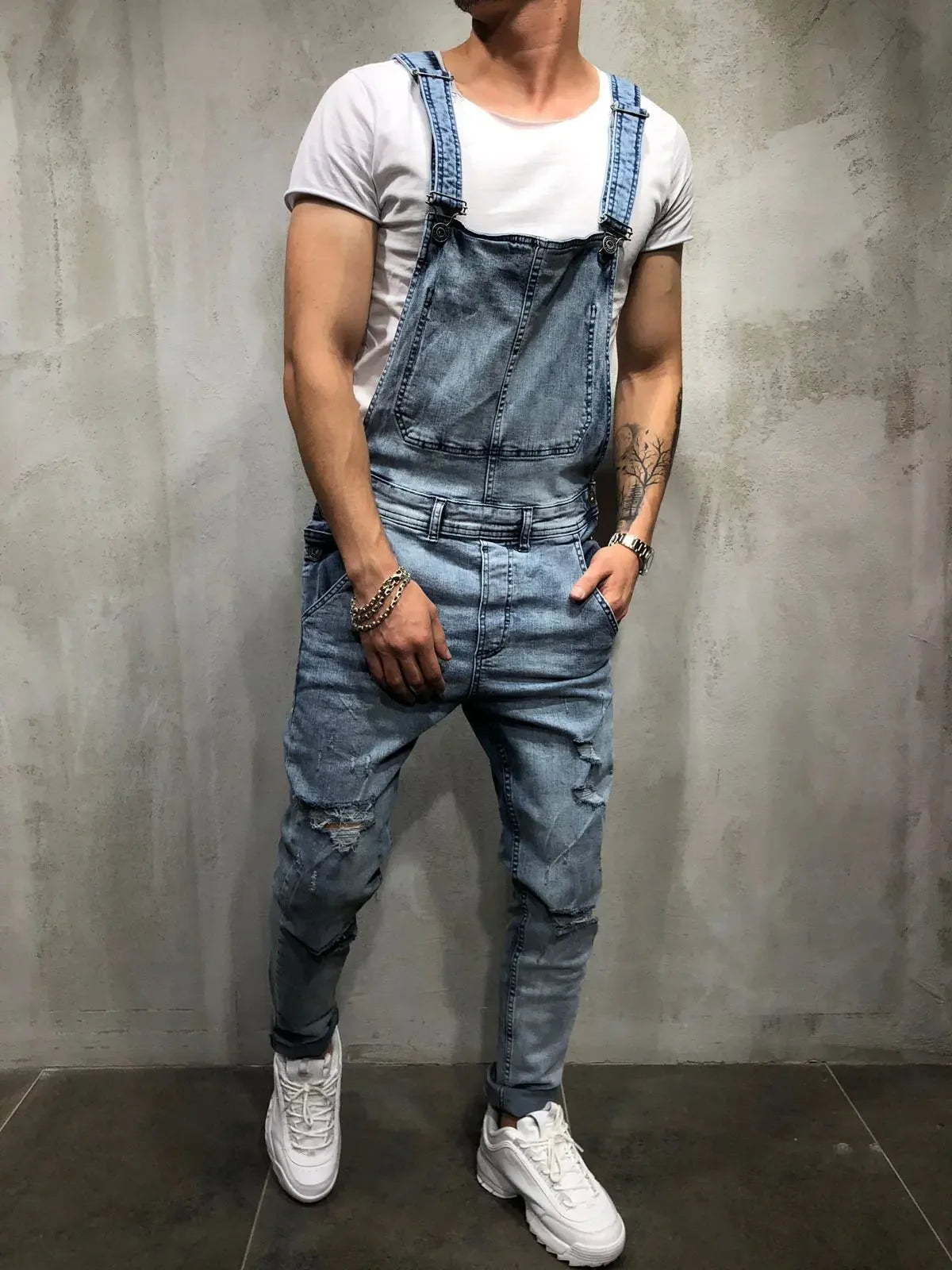 Men's Spring and Autumn Jeans, New Style Retro Casual All-match Ripped Dungarees, Fashionable High Street Trendy Brand Dungarees