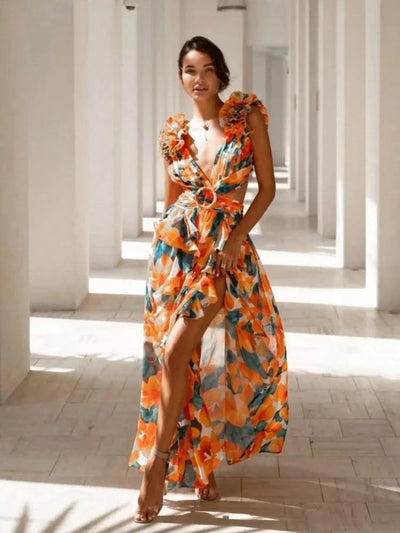 Summer Sleeveless Floral Dress for Women Deep V Neck Flower Print Backless Ruffles Long Dresses Beach Holiday Party Sundress