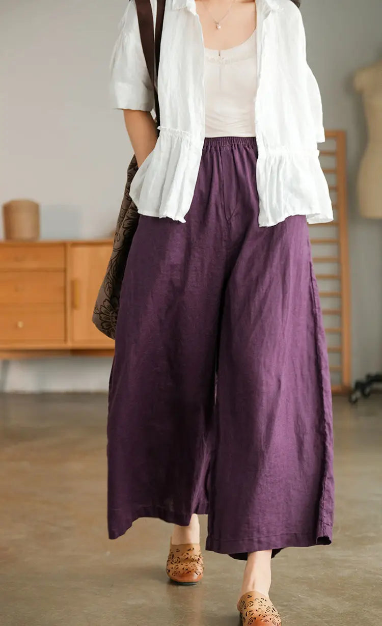 2024 Cotton Linen Home Wear Loose Pants for Women Summer Casual Baggy Wide Leg Trousers Purple Soft Capri Pants Women's Joggers