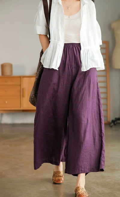 2024 Cotton Linen Home Wear Loose Pants for Women Summer Casual Baggy Wide Leg Trousers Purple Soft Capri Pants Women's Joggers