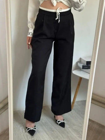 Wide Leg Pants For Women Straight Autumn Coffee Tie Up Casual Trousers Women Gray Loose Pants Ladies Black Trousers Office