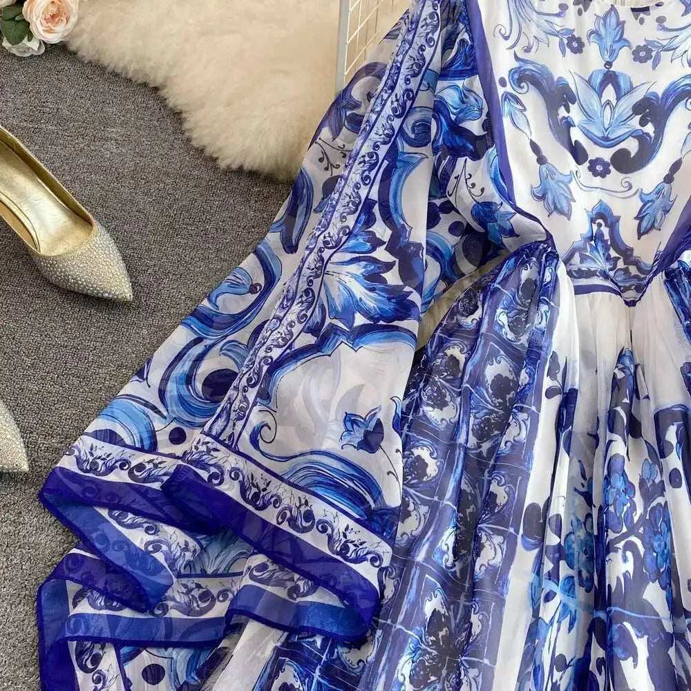 Women Maxi Chiffon Dress Summer Bohemian Rabbits Flower Porcelain Print Clothing Floor Length Flare Sleeve Long Vestidos