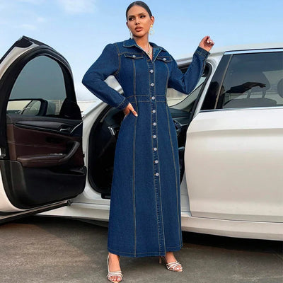 Denim Dress Women Long Dresses Spring Turn Down Collar Elegant Work Splice Vestidos Single Breasted A Line Y2k Tops Streetwear
