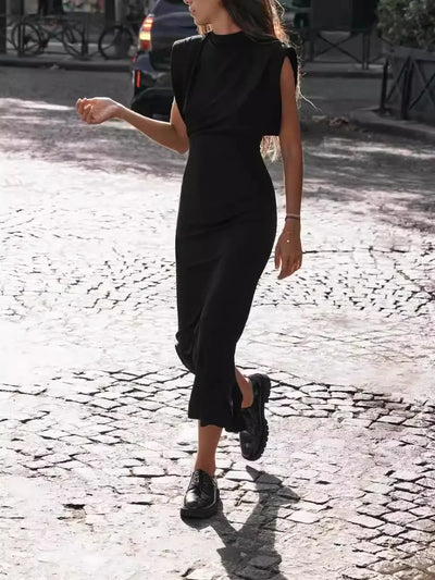 ZBZA Women's Slim Party Dresses Round Neck Sleeveless Shoulder-padded Bodycon High Waist Midi Dress Spring New Female Chic Dress