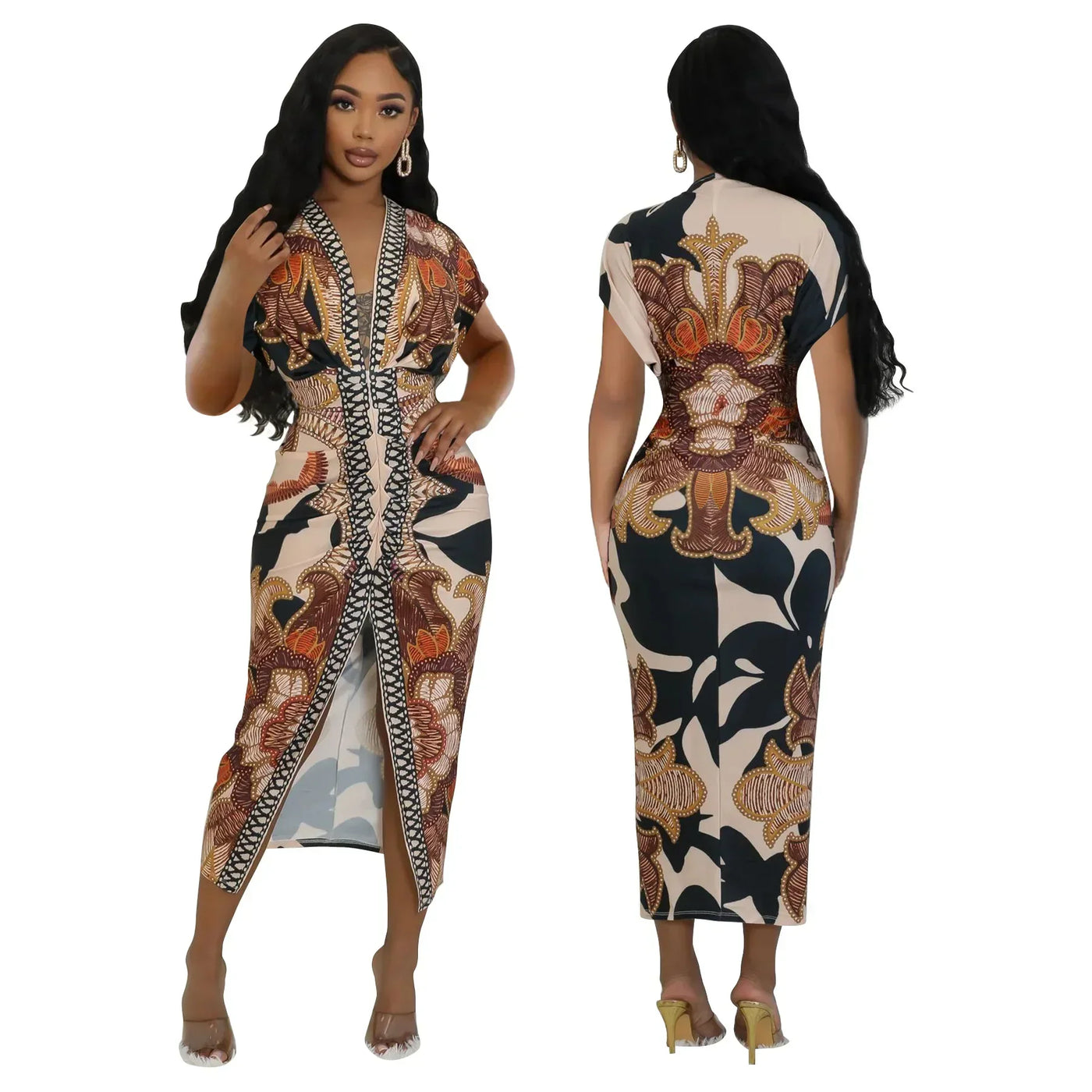 Fashionable Short Sleeve V-Neck Printed Slim Fit African Style Women's Dress K10822 Cross-Border Elegant Chic Dress