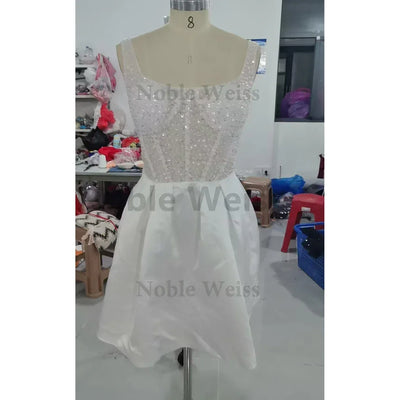 Simple Sequined Beaded Wedding Dress Mini Short Sexy Sleeveless Backless Modern Women Bridal Gown