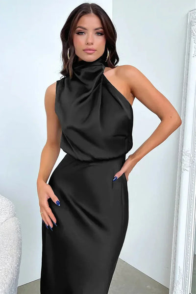 2025 Spring/Summer Long Dress for Women High Waist Halter Satin Sleeveless Dress Fashion Elegant Solid Evening Party Dresses