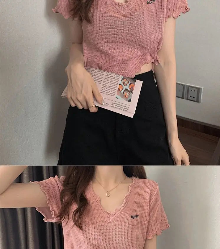 Oversized Summer Short Sleeve T-shirt Women's Foreign Style Versatile Slim Knitted Top Underlay