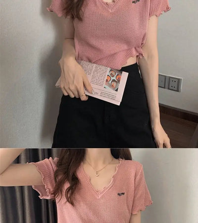 Oversized Summer Short Sleeve T-shirt Women's Foreign Style Versatile Slim Knitted Top Underlay